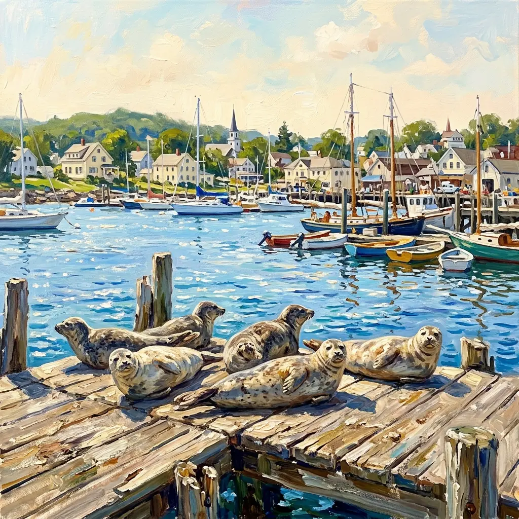 Painting of a harbor with boats and seals on the dock